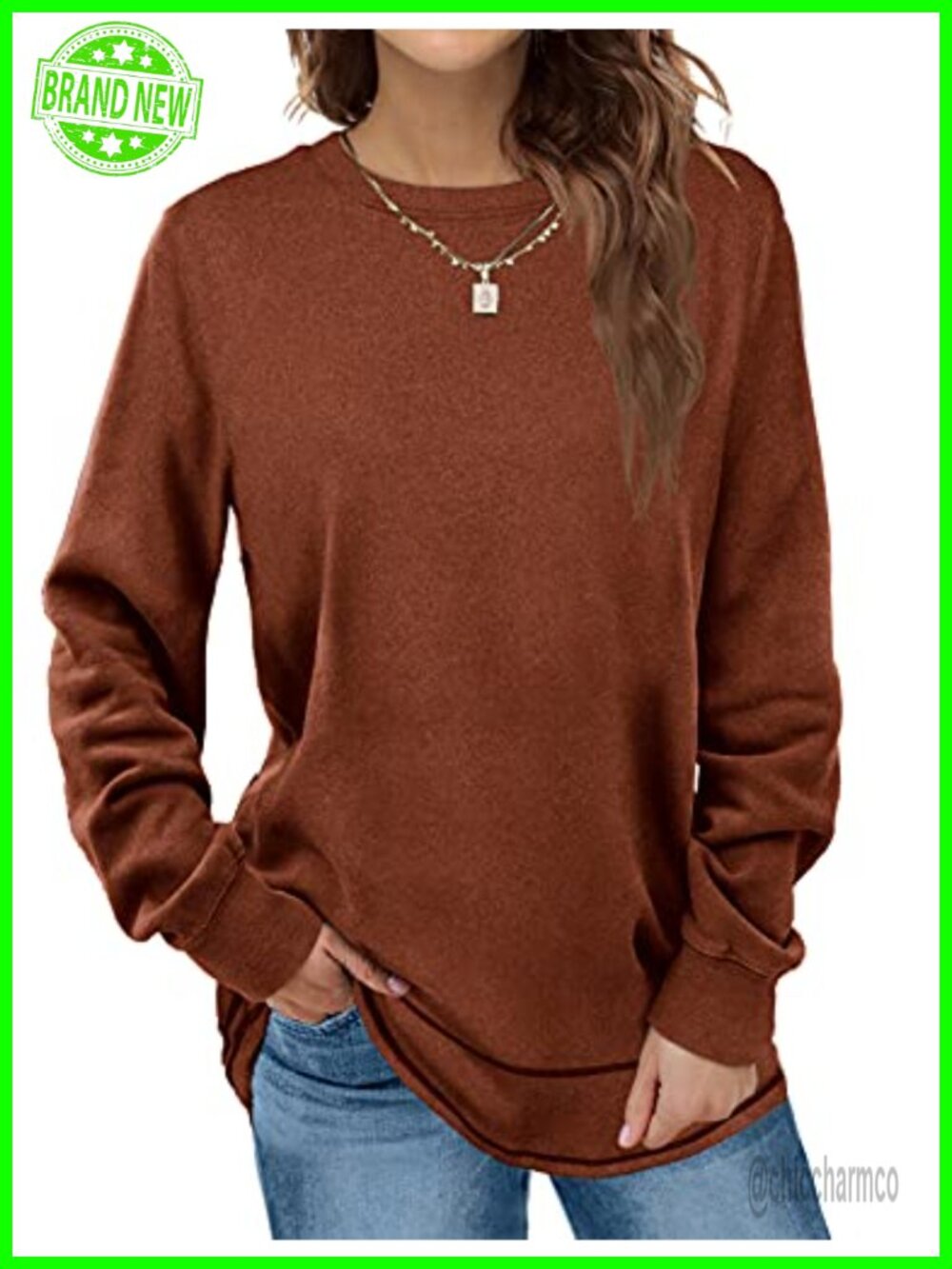 Womens Crewneck Long Sleeve Tunic Sweatshirt Curved Hem Pullover Top
